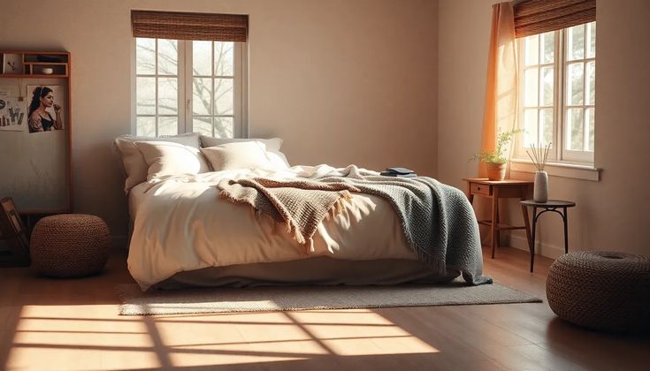 Habitación ordenada con cama y luz tenue